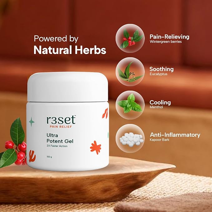 R3SET Ultra Potent Pain Relief Gel | 100% Natural Ingredients for Muscle, Joint, Back, Neck & Knee Pain | 2X Faster Action, Light Texture, No Side Effects, Safe for Daily Use - 100g